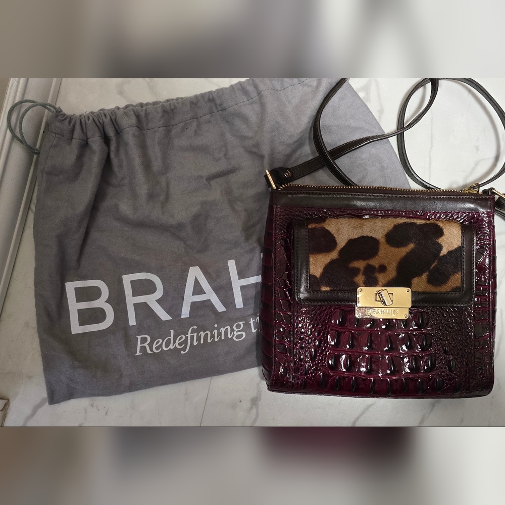 Brahmin mimosa leather crossbody wine/leopard print real calf hair
